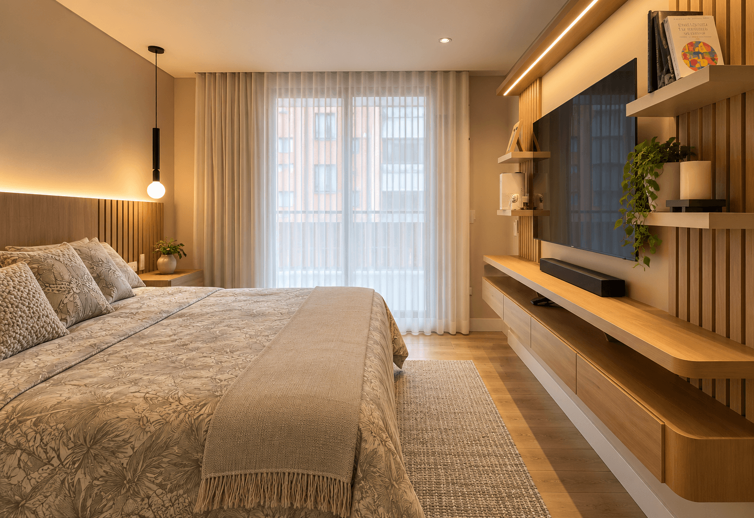 Alcoba moderna con cabecero en madera, mobiliario a medida y mueble de TV integrado por Kälida Proyectos.