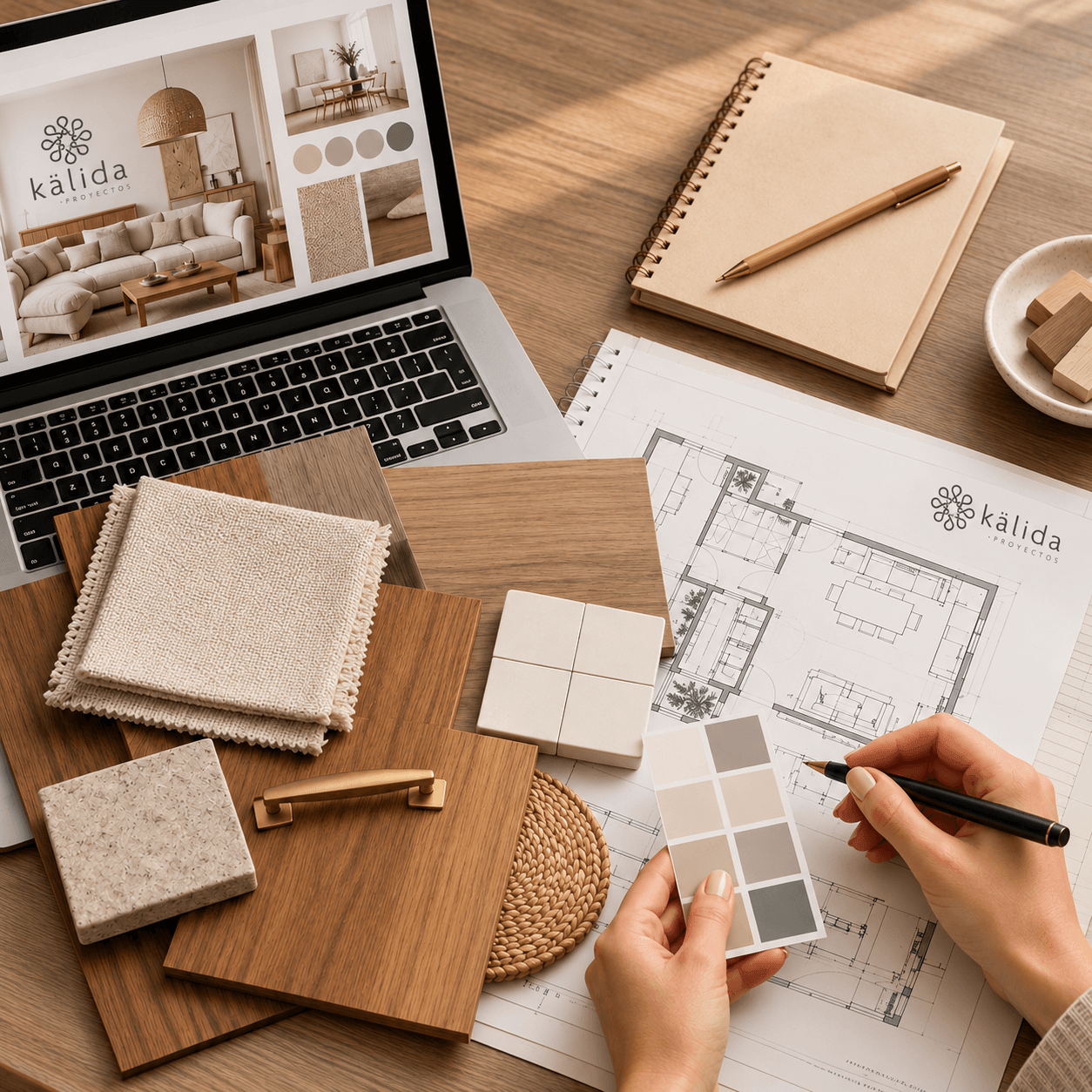 Mesa de trabajo para asesoría de diseño interior con planos arquitectónicos, muestras de madera, textiles y selección de acabados de Kälida Proyectos.