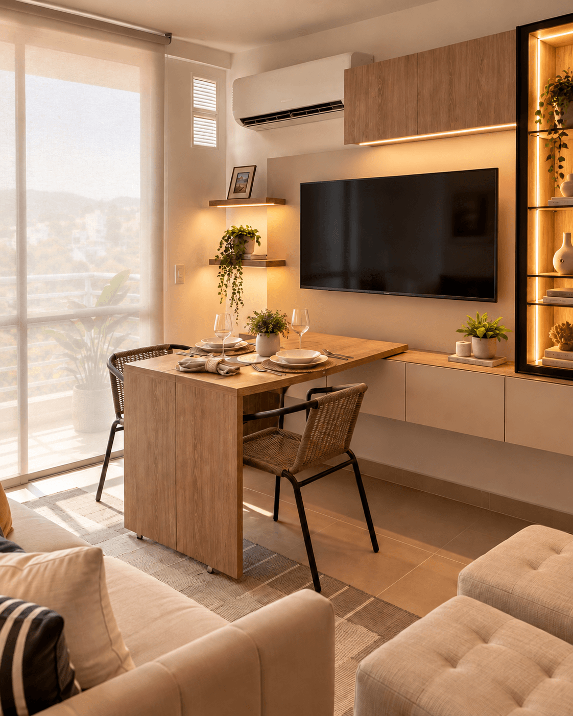 Mueble personalizado con comedor plegable integrado en madera, diseñado para optimizar el espacio por Kälida Proyectos.