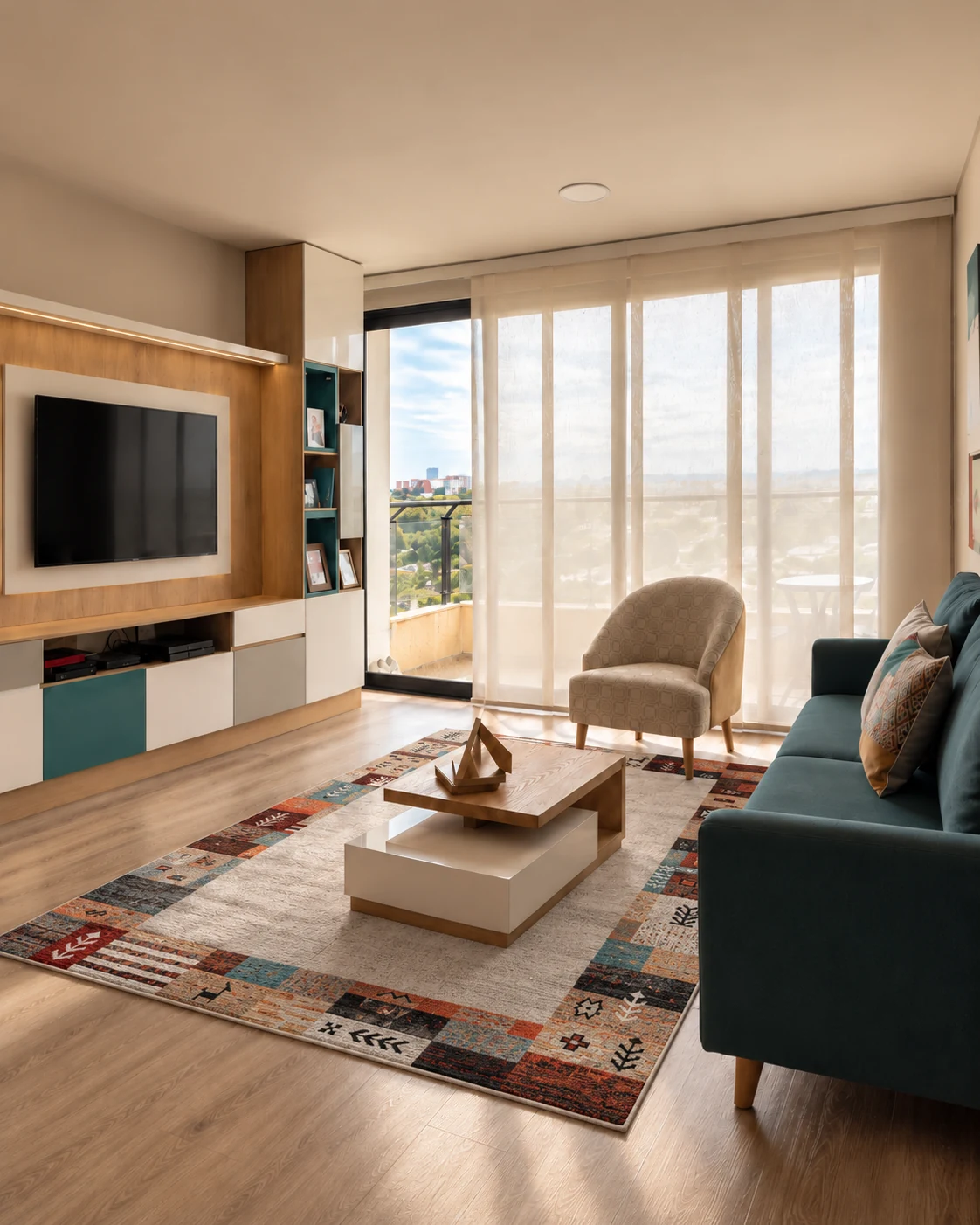 Sala con mueble de televisión a medida, sofá verde, ventanales y tapete de diseño geométrico